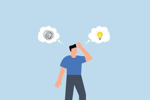 problema resolviendo, empresario pensando con lío problema y bombilla idea vector