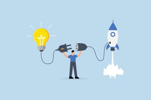 Entrepreneur business idea creating startup company, businessman connect lightbulb idea with launching rocket vector