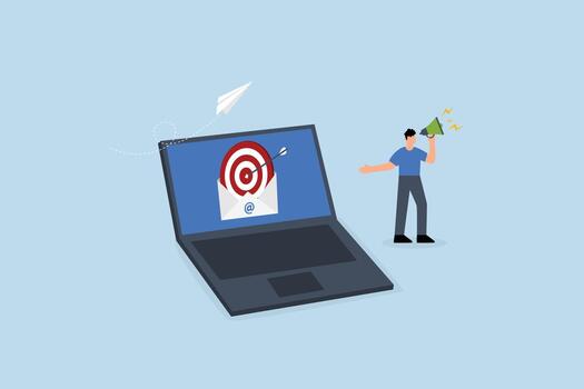 Email marketing, businessman with megaphone and targeting email on computer laptop vector