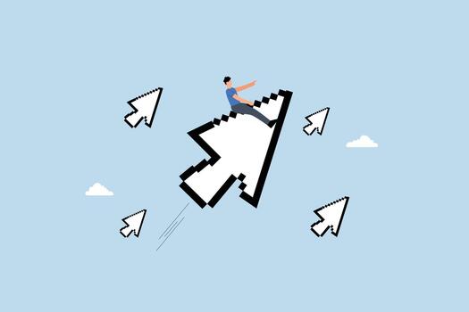 digital marketing, empresario montando digital píxel ratón puntero a hacer clic en botón vector