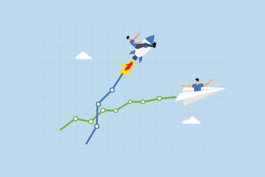 aumentar actuación, empresario montando rápido creciente velocidad cohete en grafico vector