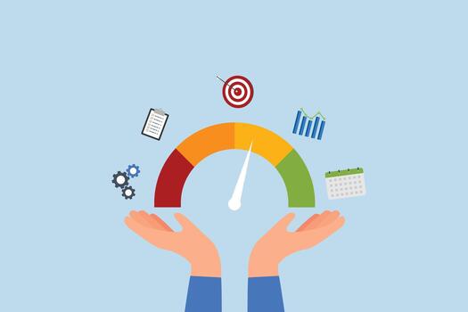 kpi llave actuación indicador, empresario mano con kpi actuación calibre escala vector