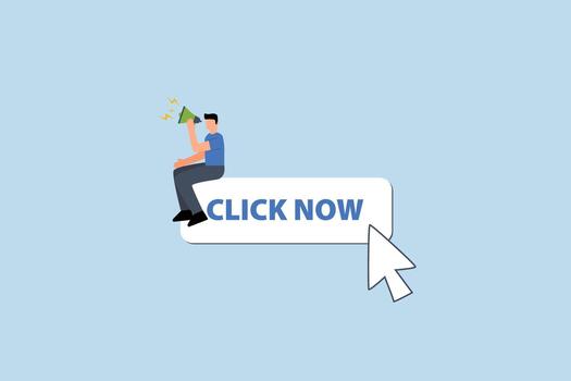 llamada a acción en en línea publicidad, empresario con megáfono motivar usuario a hacer clic botón ahora vector