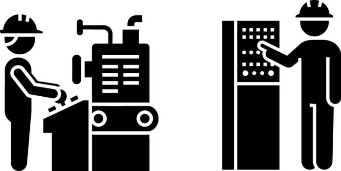 Black and white icons of workers operating machines and controls vector