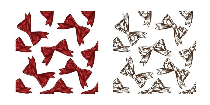 Hand drawn vintage seamless pattern of decorative bow and ribbon in festive red color and monochrome version vector