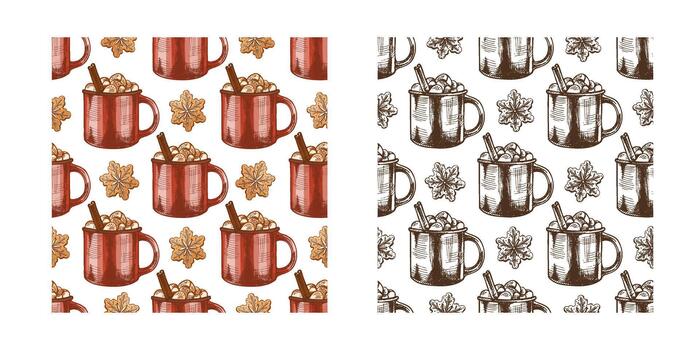 Hand drawn vintage seamless pattern of hot cocoa mugs with marshmallows and snowflake cookies in color and monochrome version vector