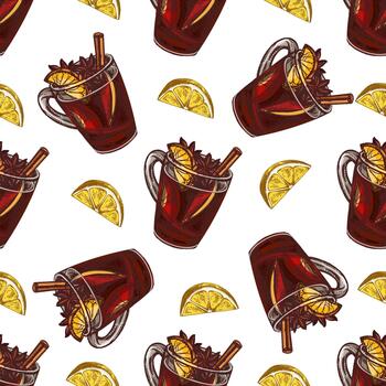 Hand drawn vintage seamless pattern of mulled wine with lemon and cinnamon in color on white background vector