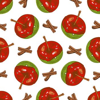 Hand drawn vintage seamless pattern of red caramel apples and cinnamon sticks in color, isolated illustration vector