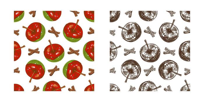 Hand drawn vintage seamless pattern of caramel apples on sticks and cinnamon sticks, green red color combo, monochrome and color vector