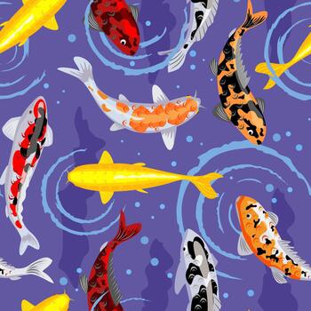 sin costura modelo con un koi pescado estanque. koi carpas sin costura modelo con dorado, rojo y negro koi carpas en antecedentes de agua ondas. para envase papel, álbum de recortes, textil, tela vector