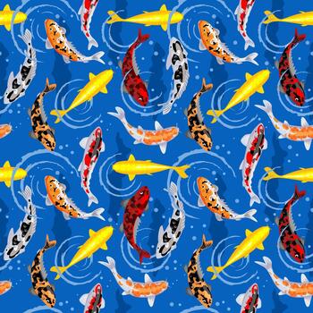 Seamless pattern with a koi fish pond. Koi carps. Seamless pattern with golden, red and black koi carps on background of water waves. For wrapping paper, scrapbooking, textile, fabric print vector