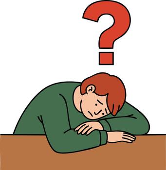 Man resting head on table with red question mark symbolizing confusion and uncertainty illustration vector
