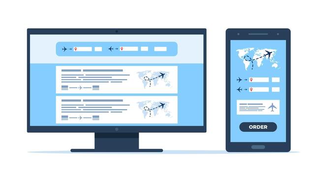 Flight search website on a computer screen and phone screen. Avia sale app aggregator for buying tickets online. Search bar and results, flight options. Travel, journey, business trip. vector