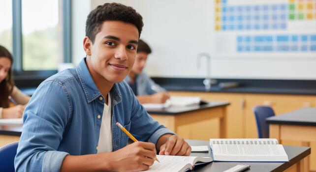 Happy Student Learning and Studying at Desk in Bright Classroom Environment photo