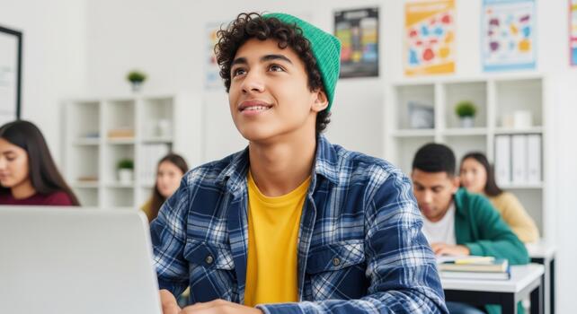 Young male student smiling, focused on learning in a modern classroom setting photo