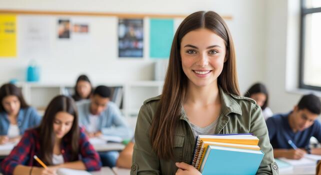 sonriente Universidad estudiante participación libros en un ocupado moderno salón de clases foto