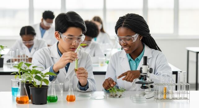 Collaborative Science Diverse Students Experimenting in a Lab photo