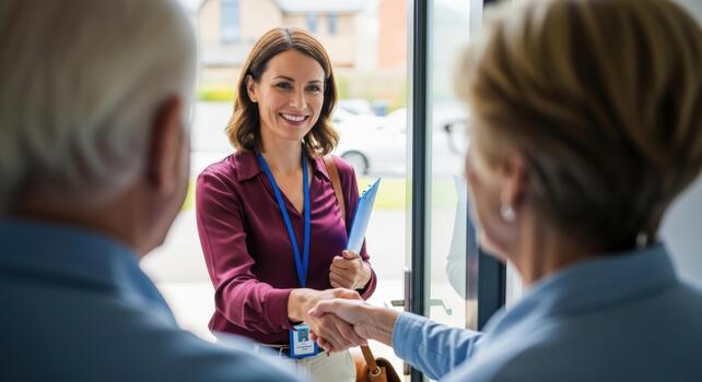 Smiling female agent shaking hands with senior client during home visit photo