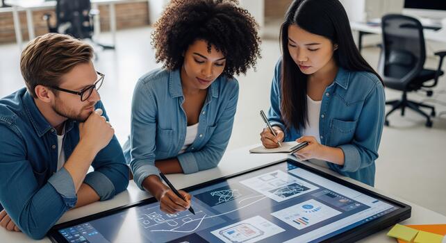 Young Professionals Brainstorming Future Projects on Interactive Screen photo