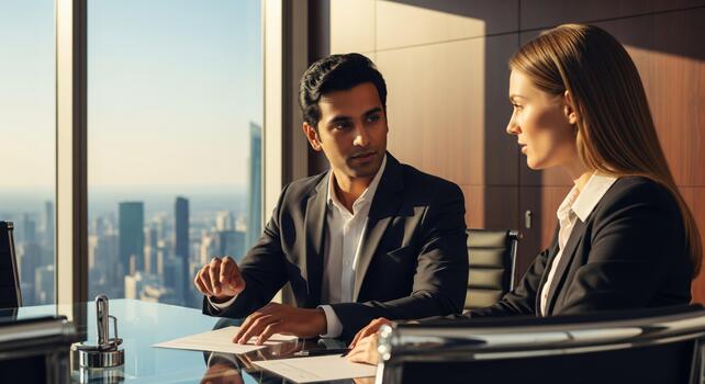Diverse Business Professionals Collaborating on Strategy in Modern Office photo