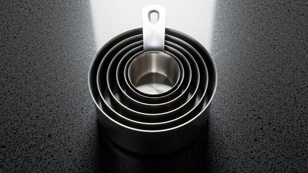 conjunto de anidado inoxidable acero medición tazas en un oscuro texturizado encimera foto