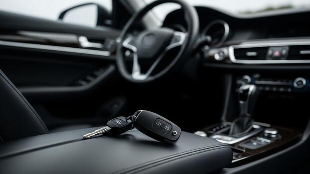 Set of Car Keys with Remote Fob Resting on Dark Leather Console in Vehicle photo