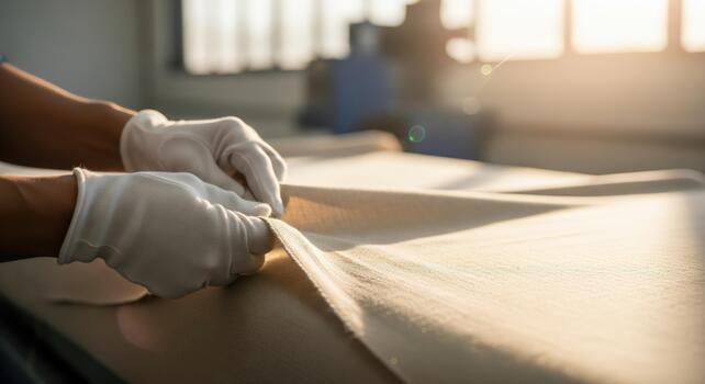 Precision handling Gloved hands meticulously examine fabric in a modern workshop photo