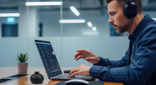 Focused professional coding on laptop with headphones in modern office workspace photo