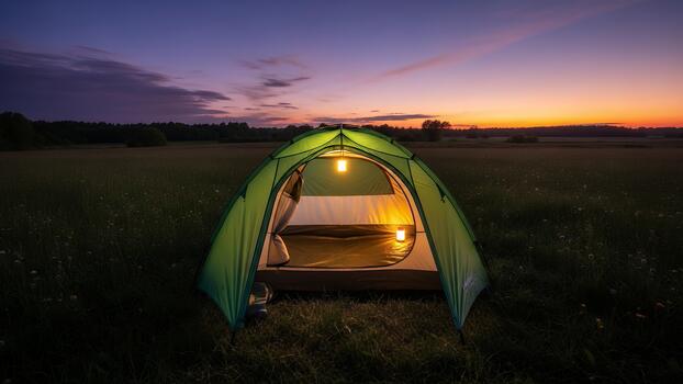 Illuminated Green Camping Tent in a Tranquil Meadow at Twilight photo