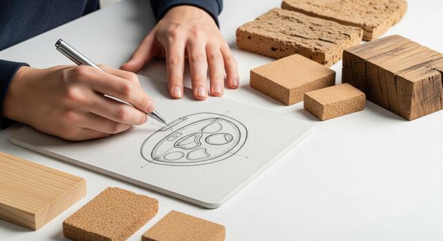 Hands sketching a new eco-friendly product with cork and wood samples photo