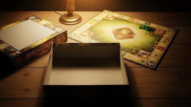 Cozy Board Game Evening Setup on Wooden Table with Warm Ambient Light photo