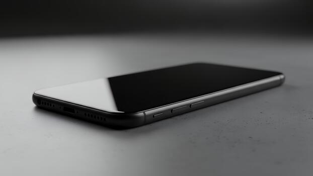 Sleek Dark Smartphone with Black Screen Lying on Textured Gray Surface, Low Angle View photo