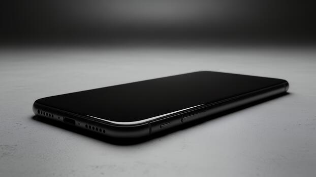 negro teléfono inteligente acostado en texturizado gris superficie en estudio foto