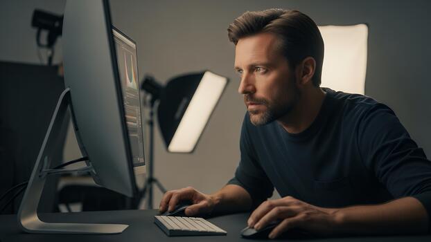 Digital artist meticulously refines visual media with precision and care photo