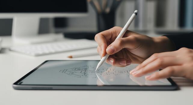 Close-up of hands drawing professional architectural blueprints digitally photo