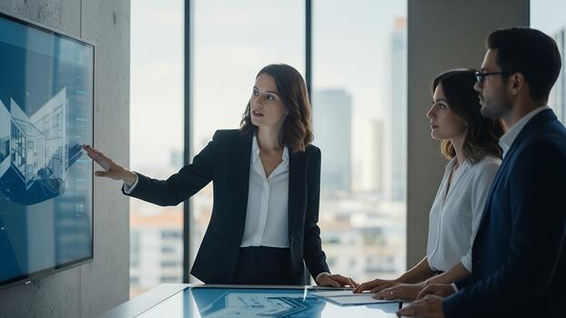 negocio equipo que se discute digital arquitectónico planes en moderno oficina foto