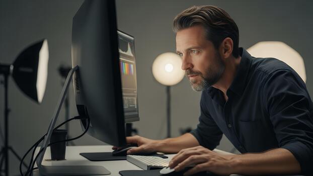 Focused Professional Editing Digital Media in a Modern Studio Environment photo