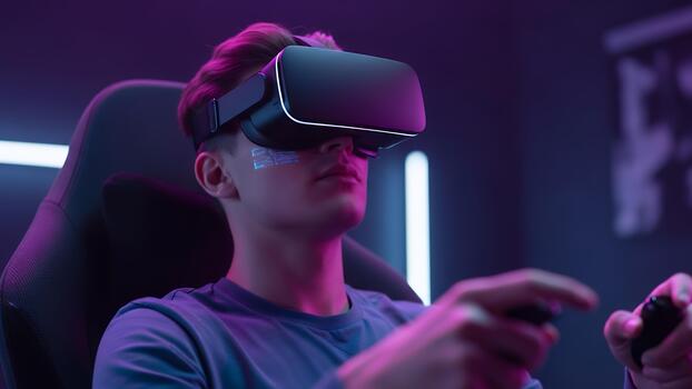 Young man exploring an immersive Digital world with virtual reality technology photo
