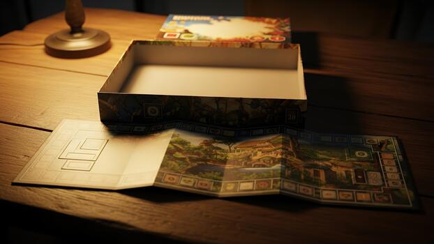 Cozy Evening with Board Game Box and Unfolded Board on Rustic Table photo