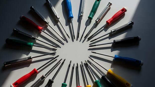 Colorful Precision Screwdrivers Arranged in a Circular Pattern on a White Surface photo