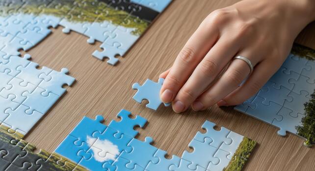 Hand assembling a landscape jigsaw puzzle, a symbol of problem-solving and focus photo