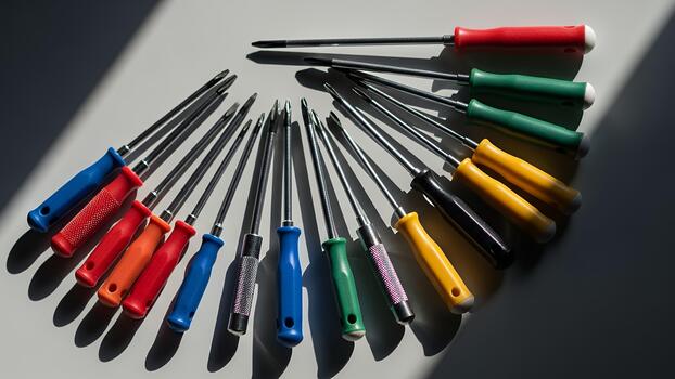 Assortment of Colorful Screwdrivers Arranged in a Semi circle photo