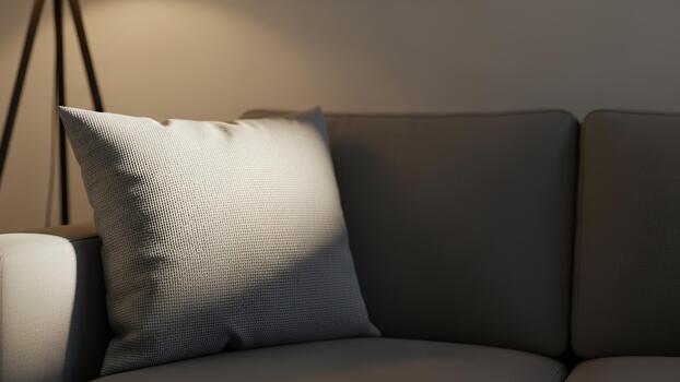 Soft Textured Pillow on a Modern Sofa Illuminated by Warm Lamp Light photo