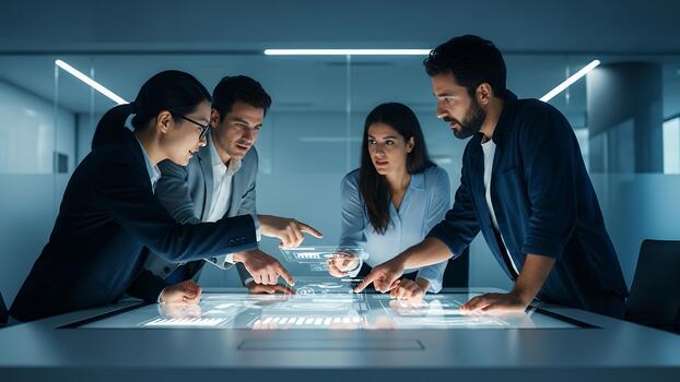 Professional analyzes complex Digital data on multiple screens for insights photo