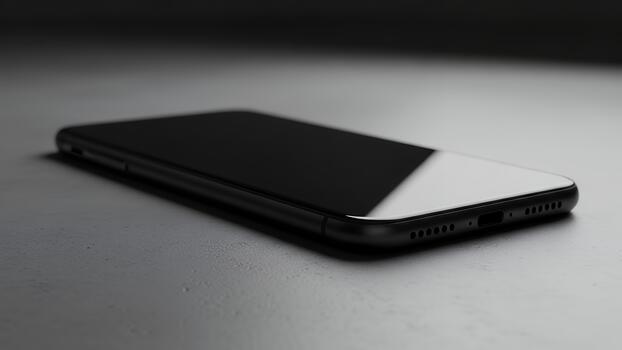Sleek Black Smartphone Lying on a Dark Surface in a Close up Shot photo