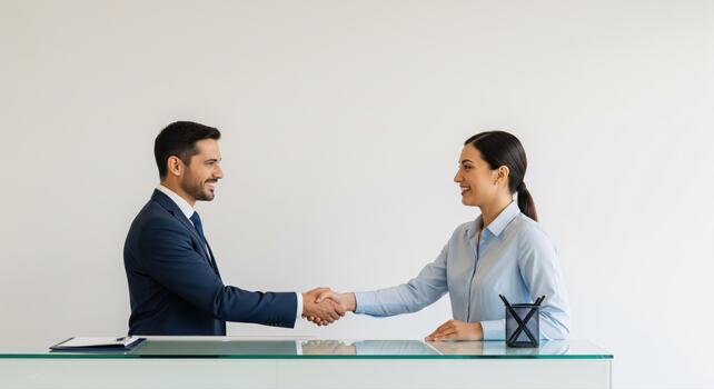 Smiling professionals shake hands, finalizing a deal in a modern office photo