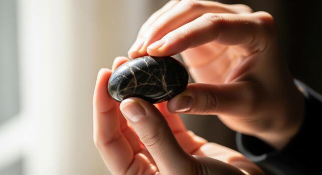 Hands gently cradle a polished dark mineral stone with intricate patterns photo