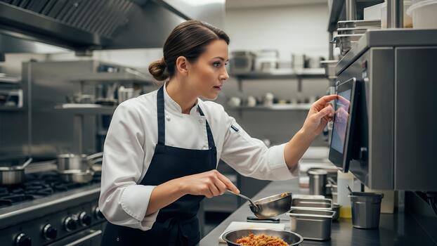 profesional cocinero abraza digital tecnología en un moderno cocina ajuste foto