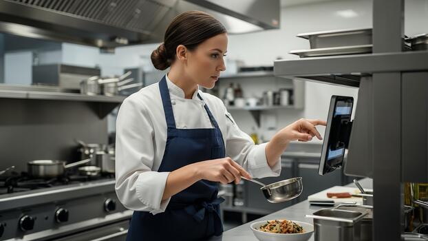 Chef embraces digital culinary tools for efficient recipe execution photo