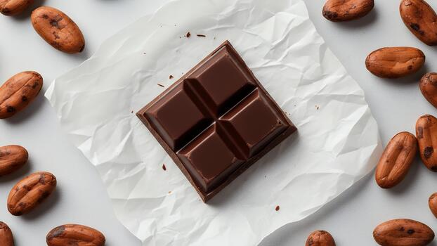 Dark Chocolate Bar with Roasted Cocoa Beans on Crumpled White Paper photo